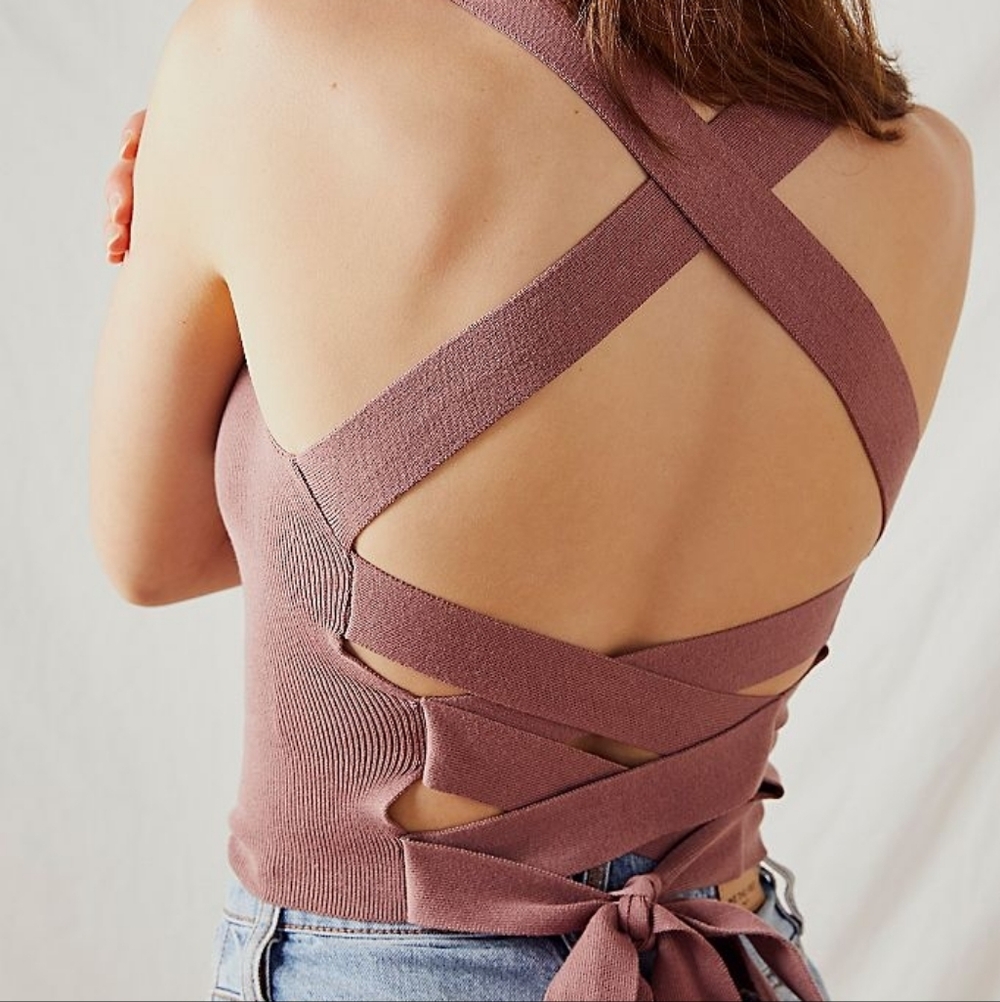 Free People Intimately Around Me Cami Tie Waist Stretch Knit Rose Pink XS